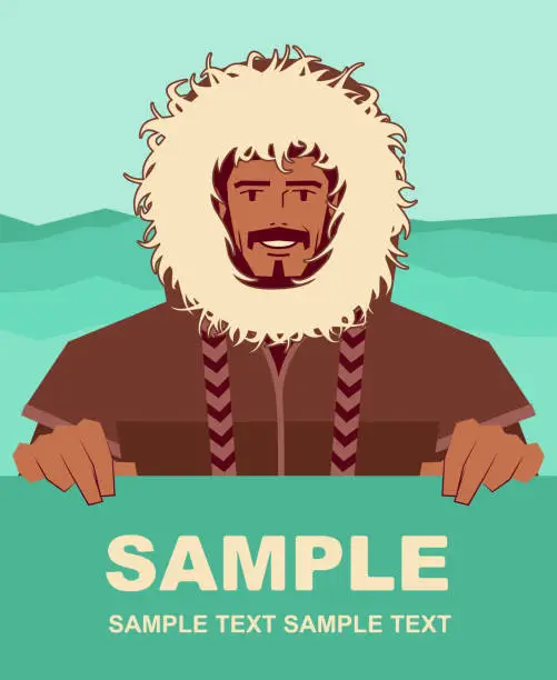 Vector illustration of Smiling Eskimo man with fur coat holding blank sign