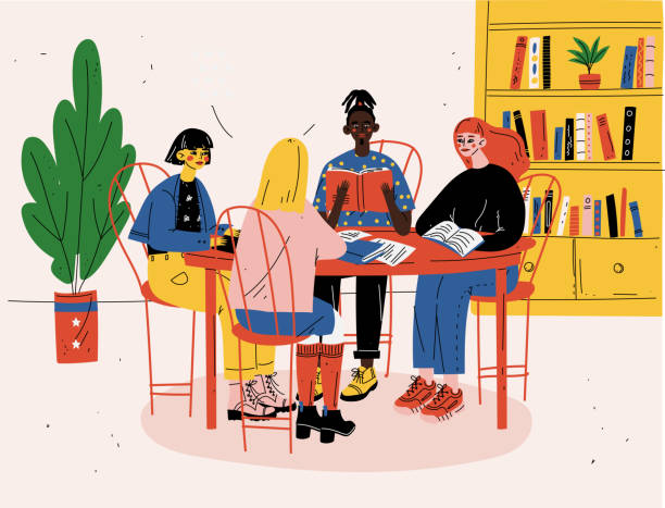 ilustrações, clipart, desenhos animados e ícones de estudantes que sentam-se junto na tabela com livros e estudo - reading library book women