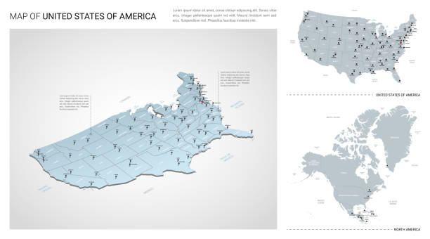 ilustrações de stock, clip art, desenhos animados e ícones de vector set of united states of america  country.  isometric 3d map, united states of america  map, north america map - with region, state names and city names. - topography globe usa the americas