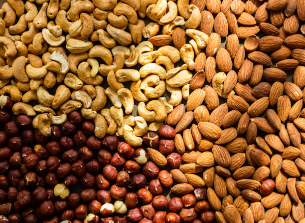 istock Nuts baked - almond, cashew, hazelnut in sun light, top view 1170646062