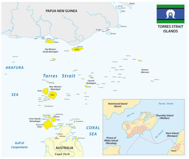 illustrations, cliparts, dessins animés et icônes de carte des îles australiennes du détroit de torres avec drapeau - arafura sea