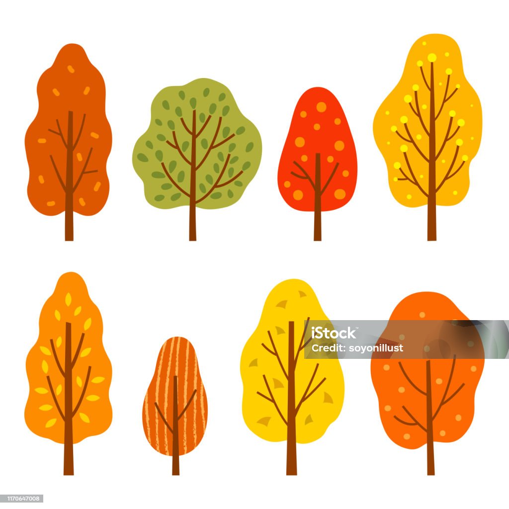 흰색 배경에 설정 다채로운 가을 나무 가을에 대한 스톡 벡터 아트 및 기타 이미지 - 가을, 나무, 0명 - Istock