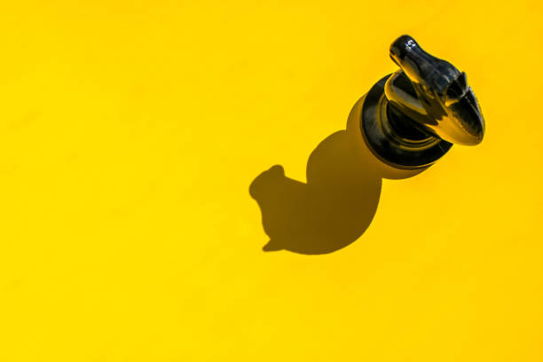 Black chess horse on a bright yellow background with long shadow. Colorful chess concept. Plastic black chess knight is standing on yellow background with long shadow. Colorful chess concept. knight chess piece photos stock pictures, royalty-free photos & images