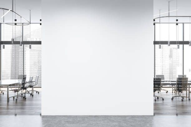 istock White wooden meeting room with mock up wall 1170651533