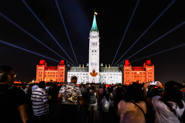 Light show on Canadian Parliament building at Parliament Hill in Ottawa, Canada stock photo