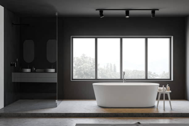 istock Gray bathroom interior with tub and shower 1170651593