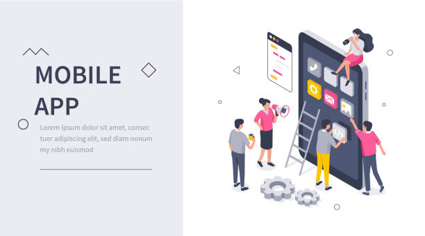 mobile app development Mobile App Development Concept Banner with Characters. Can use for Web Banner, Infographics, Hero Images. Flat Isometric Vector Illustration Isolated on white background. girls coding stock illustrations