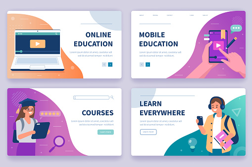 Online Education Concept Banners Templates. Students Use Digital Devices for Distance Learning. Can use for Backgrounds, Infographics, Hero Images. Flat Cartoon Modern Vector Illustration.