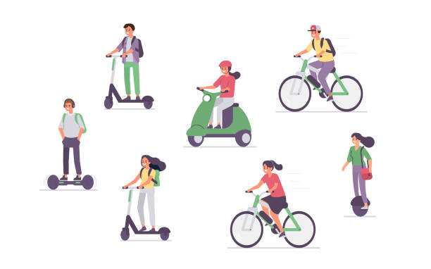 stockillustraties, clipart, cartoons en iconen met elektrisch vervoer - rijden een motorvoertuig besturen
