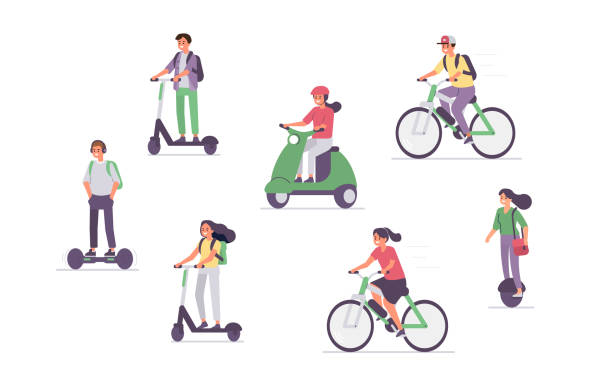 electric transport People Driving Different Electric Transport. Characters riding scooter, hoverboard, bike . Eco Friendly Vehicle Concept with Characters. Flat cartoon vector illustration isolated. mobility as a service stock illustrations