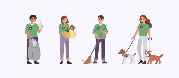 volunteers Group of  Volunteers Working Together. Charity and Donation Concept with Characters. Flat Cartoon Vector Illustration Isolated. volunteer illustrations stock illustrations