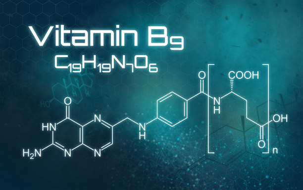 미래지향적인 배경에 비타민 b9의 화학식 - 엽산 뉴스 사진 이미지