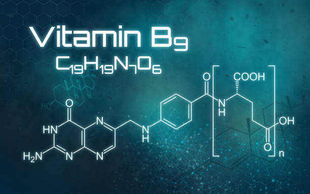 fórmula química da vitamina b9 em um fundo futurista - ácido fólico - fotografias e filmes do acervo