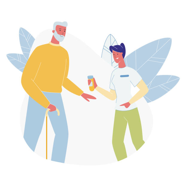 Doctor Giving Pills to Senior Patient. Medicine, Doctor or Nurse Giving Pills to Senior Patient. Medicine, Health Care, Medical Staff Practitioner and Elderly Man in Hospital. Consultation, Diagnosis, Treatment Cartoon Flat Vector Illustration giving medication stock illustrations