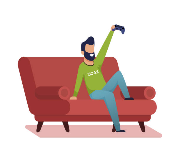 Informative Flyer Home Video Games Cartoon Flat. Informative Flyer Home Video Games Cartoon Flat. Dizzying and Memorable Games Sitting on Sofa at Home. Bearded Man Sitting on Couch and Holding Joystick from Console for Video Game. dizzying stock illustrations