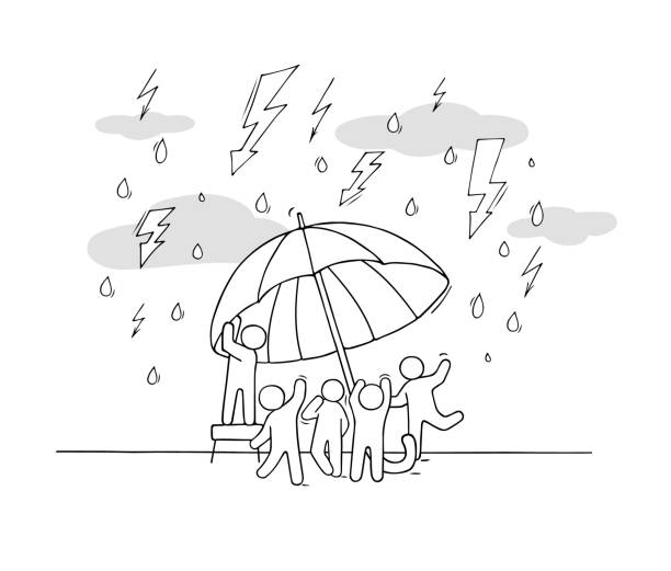 süße cartoon geschäftsmann mit regenschirm steht unter dem regen. big city silhouette auf hintergrund. vektor-illustration - rain protection personal accessory autumn stock-grafiken, -clipart, -cartoons und -symbole