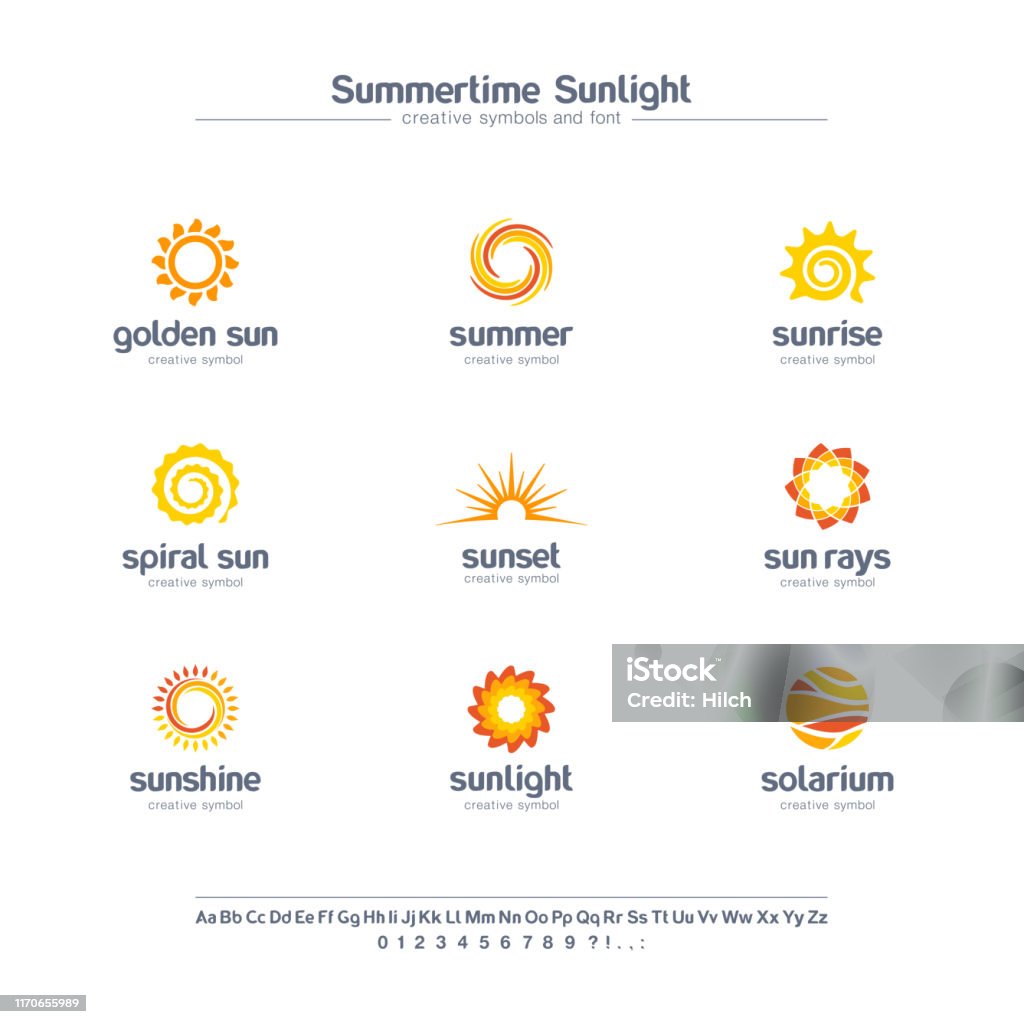 Simbol kreatif sinar matahari musim panas ditetapkan, konsep font. Sinar matahari spiral, pictogram bisnis abstrak solarium - Bebas Royalti Matahari vektor stok