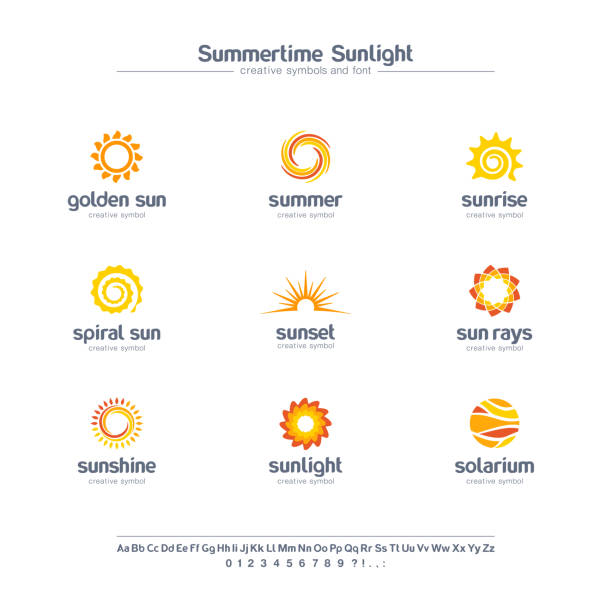 ilustrações, clipart, desenhos animados e ícones de jogo de símbolos creativo da luz do verão, conceito da pia batismal. raias espirais do sol, pictograma abstrato do negócio do solarium - sun
