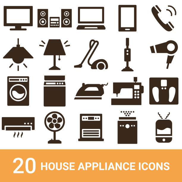 Product icons, household appliances, silhouettes, 20 sets Product icons, household appliances, silhouettes, 20 sets iron appliance stock illustrations