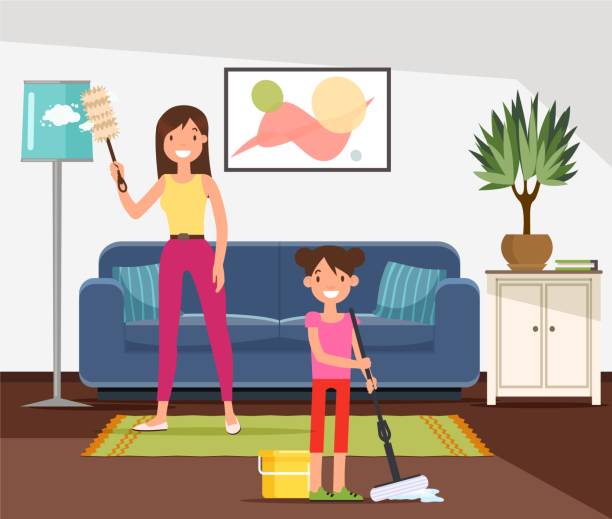 ilustraciones, imágenes clip art, dibujos animados e iconos de stock de madre e hija haciendo tareas domésticas - family sofa vector illustration and painting