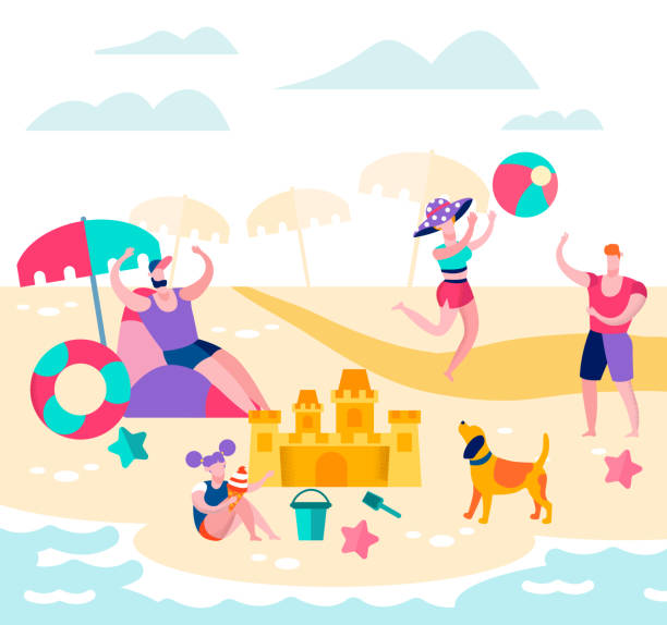 ilustrações de stock, clip art, desenhos animados e ícones de summer time vacation, happy family relax on beach - sand sandcastle built structure apartment