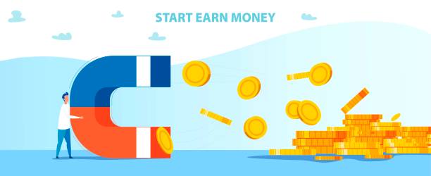 Start Earn Money Motivation with Man Holds Magnet Start Earn Money Motivation Cartoon Poster. Man Holds Huge Magnet Attracting Money. Gold Coins Pile on Gradient Backdrop. Financial Success, Profit, Investment in SMM. Vector Flat Illustration positive negative slide stock illustrations