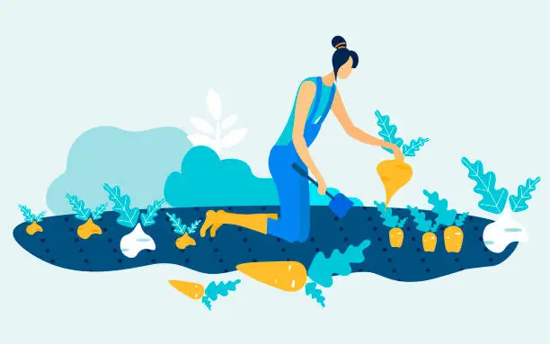 Vector illustration of Woman in Blue Jumpsuit with Spade on Garden Bed.