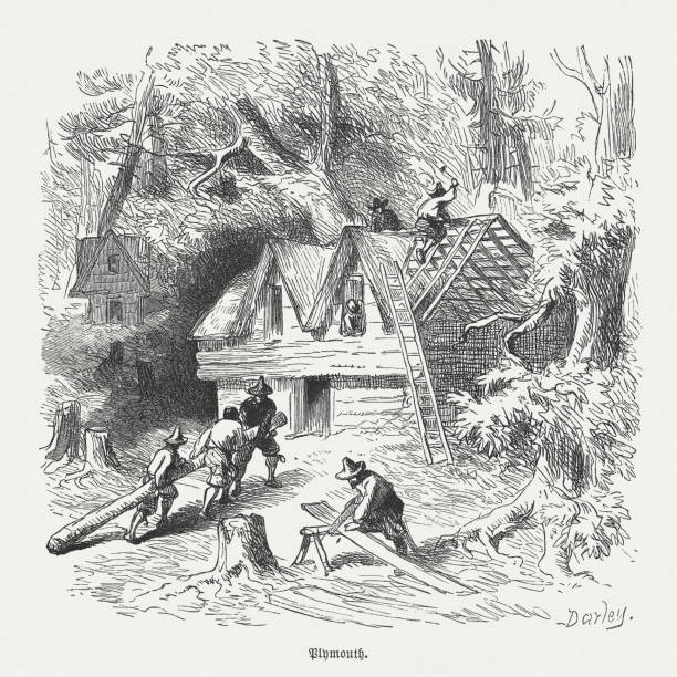 ilustrações de stock, clip art, desenhos animados e ícones de the first houses in plymouth, massachusetts (1620). woodcut, published 1876 - colony