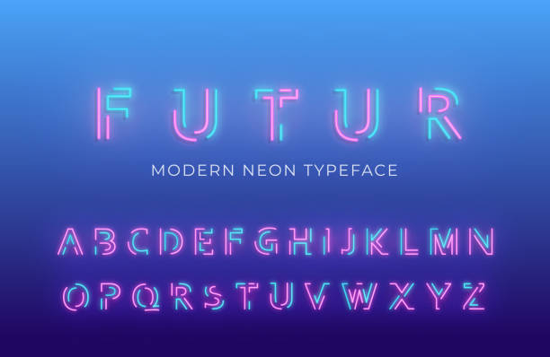 ilustrações de stock, clip art, desenhos animados e ícones de neon light alphabet font. glowing neon colored 3d modern alphabet typeface - neon