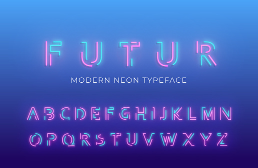 Neon light alphabet font. Glowing neon colored 3d modern alphabet typeface.