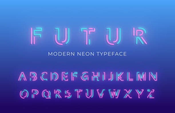 Neon light alphabet font. Glowing neon colored 3d modern alphabet typeface Neon light alphabet font. Glowing neon colored 3d modern alphabet typeface. neon stock illustrations