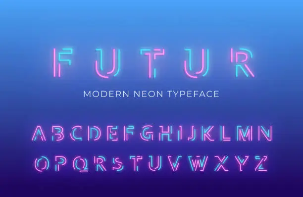 Vector illustration of Neon light alphabet font. Glowing neon colored 3d modern alphabet typeface