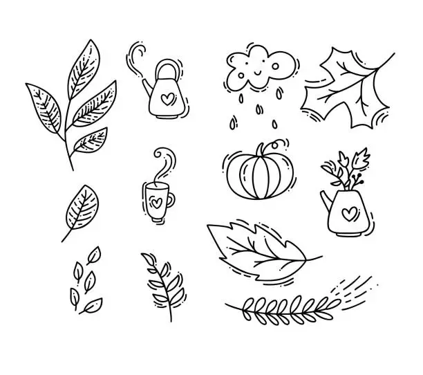 Vector illustration of Set of vector monoline doodle floral elements. Autumn collection graphic design. Herbs, leaves, boots, teapot, cup and pumpkin. Hand drawn thanksgiving modern fall decor