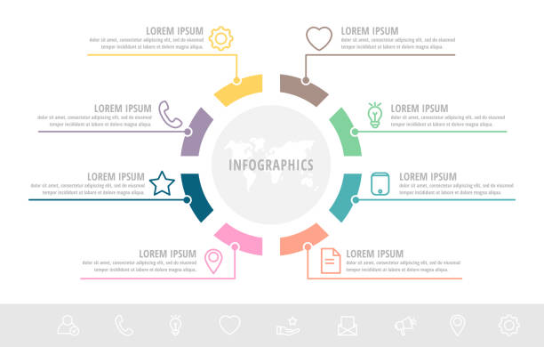 Unique vector infographic flat template circles with eight sectors, labels. Business concept with 8 options. For brochure, step for step, timeline, workflow, marketing, diagram, graph, presentation Unique vector infographic flat template circles with eight sectors, labels. Business concept with 8 options. For brochure, step for step, timeline, workflow, marketing, diagram, graph, presentation sector stock illustrations