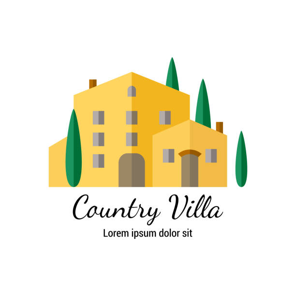 Country Villa flat icon. Italian style countryside house with cypress trees. Country Villa flat icon. Italian style countryside house with cypress trees. EPS 10 vector illustration. Isolated on white. agritourism stock illustrations