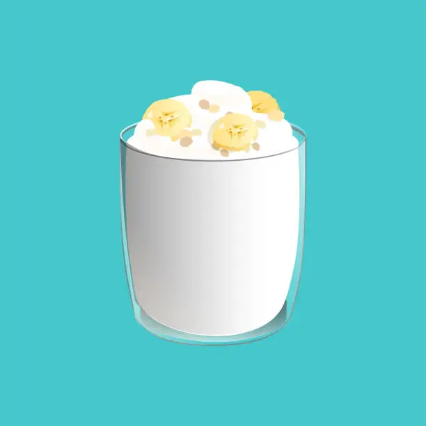 Vector illustration of Banana pudding. Healthy vegan snack in glass. Vector illstration isolated on blue background.