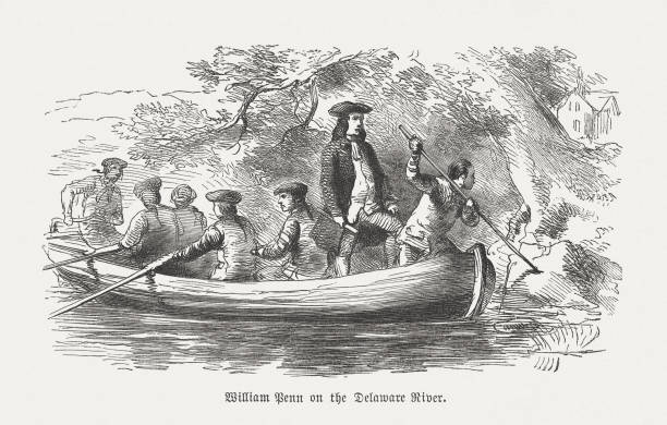 ilustraciones, imágenes clip art, dibujos animados e iconos de stock de william penn en el río delaware (1682), xilope, publicado en 1876 - british colony