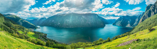 sogn and fjordane fjord, norway. panorama panoramic view of amazing fjord sogn og fjordane. summer scenic view of famous natural attraction landmark and popular destination in summer - aurlandfjord imagens e fotografias de stock
