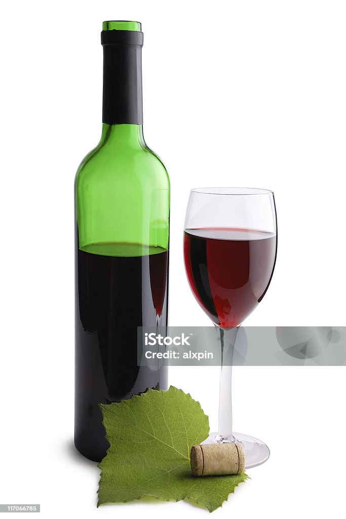 Bottiglia di vino, cork, vetro e uva foglia - Foto stock royalty-free di Alchol