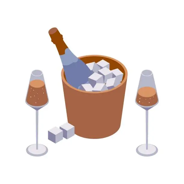 Vector illustration of Isometric closeup scene with two wineglasses and sparkle wine bucket with cubes and bubbles isolated on white