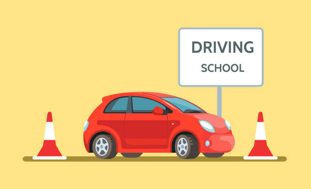 Vector Illustration Of Happy Young Man Siting In Red Driving School Car  Outdoor In Flat Style Stock Illustration - Download Image Now - iStock