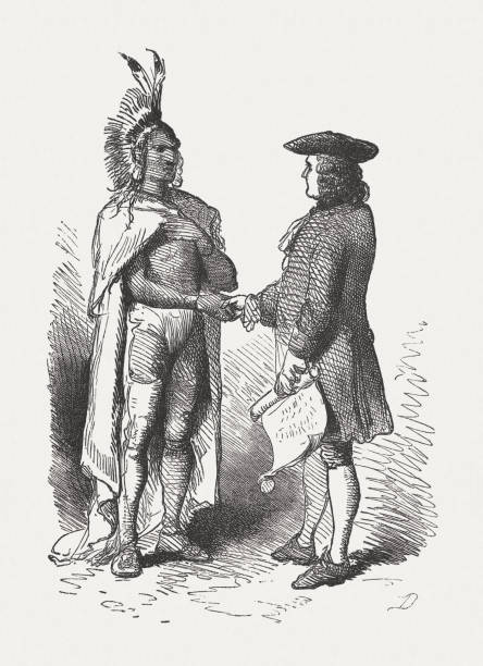 traktat williama penna z indianami, 1682, drzeworyt, opublikowany w 1876 - kolonializm stock illustrations