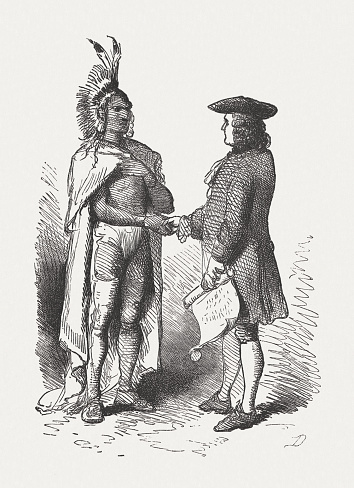 William Penn's Treaty with the Indians, 1682, woodcut, published 1876. Wood engraving after a drawing by Felix Darley (American illustrator and engraver, 1824 - 1888), published in 1876.