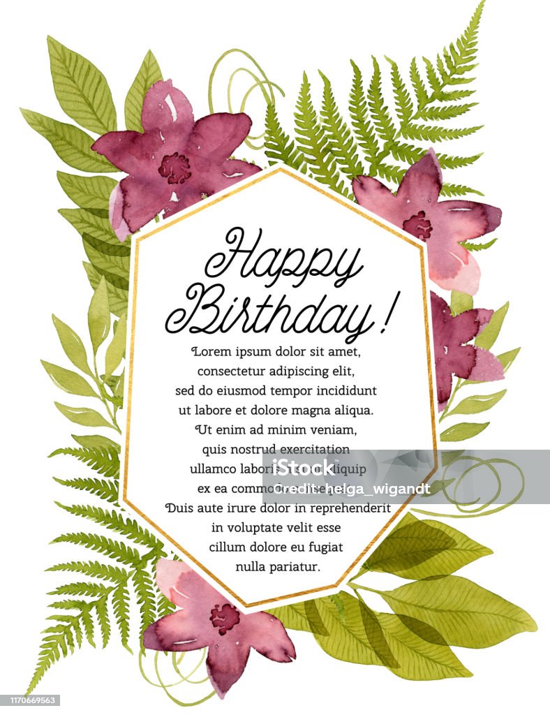 Happy Birthday Greeting Card With Red Watercolor Flowers Stock ...