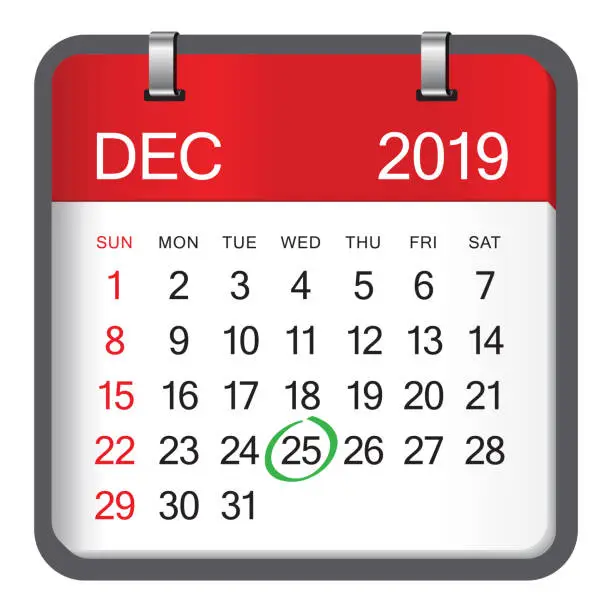 Vector illustration of Christmas day calendar 2019.