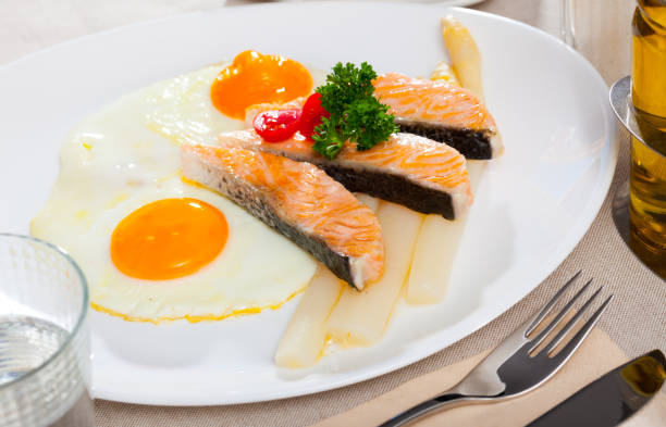 istock Fried eggs with salmon and asparagus 1170670169