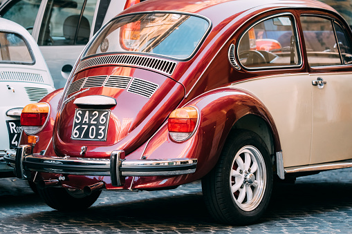 Rome, Italy - October 20, 2018: Old Retro Vintage Red Color Volkswagen Beetle Car Parked At Street.