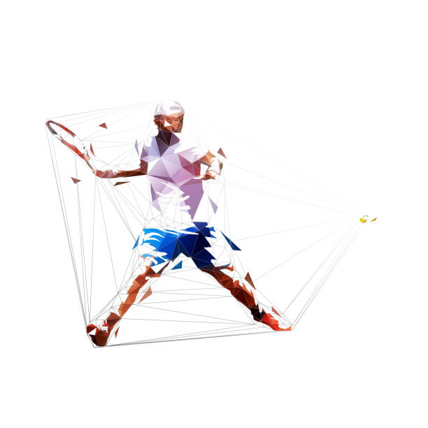 tennisspieler vorhand schuss, isoliert eisern niedrigen polygonalen vektor-illustration. tennis zerschlagen, geometris zeichnung - origami action vector design stock-grafiken, -clipart, -cartoons und -symbole