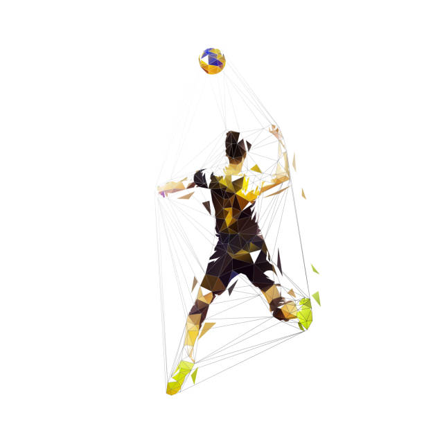волейболист разбивает мяч, изолированный вектор низкой полигональной иллюстрации, геометрический рисунок - volleyball sport volleying silhouette stock illustrations