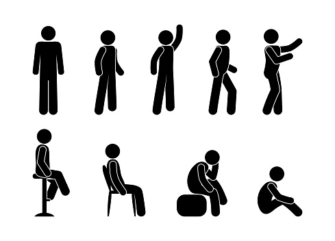 man icon, pictograms set people are sitting, people are standing in various poses, stick figure isolated characters